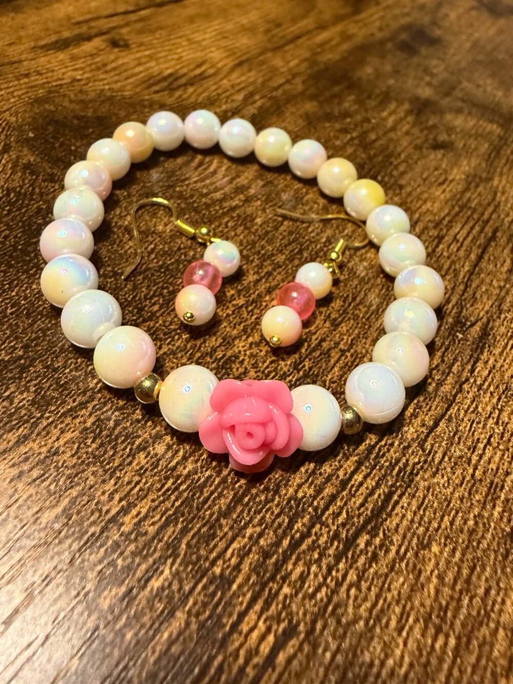 🌸 Iridescent Pastel Pearl Bead Bracelet & Rose Earring Coordinated Suite
